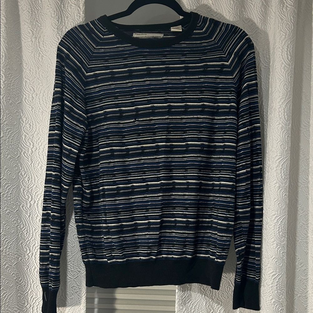 Perry Ellis Vintage Silk Blend Crewneck Sweater in Black and Blue Stripes